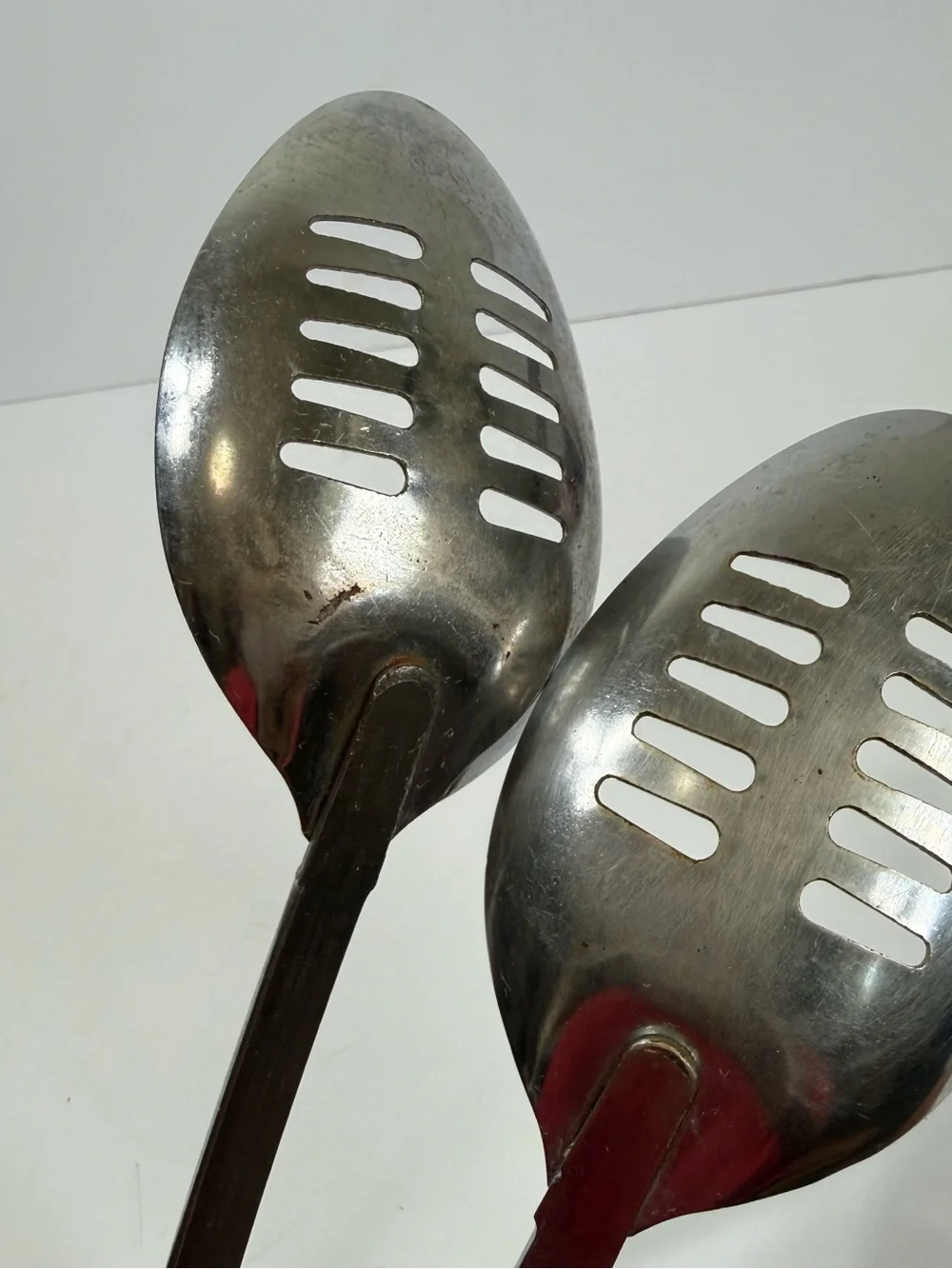 Vintage EKCO USA Slotted Spoons Set of 2 Chromium Plated White Handle